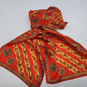 Collection XIIX Red Scarf With Gold Chain Design Lightweight Silk 50" L & 10" W